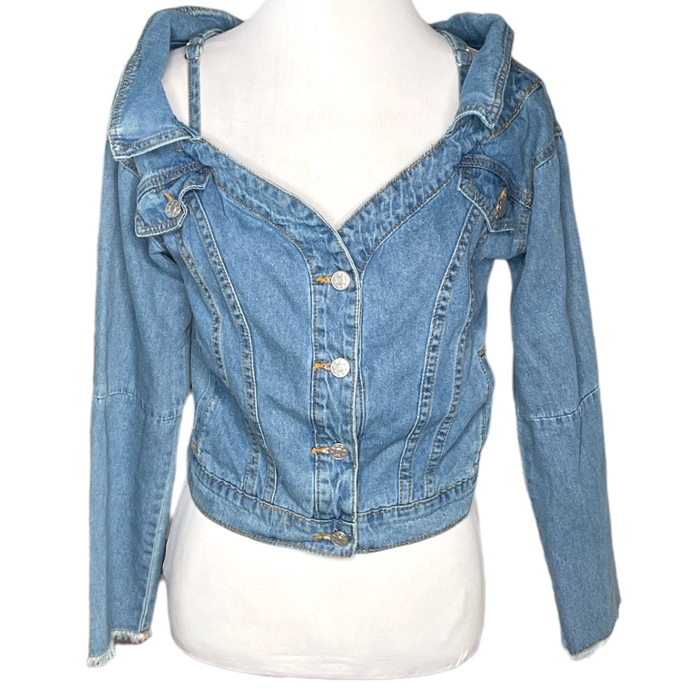 Mustard Seed Cold Shoulder Cropped Jean Jacket Blue Size Small